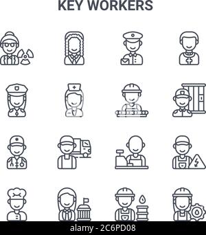 Satz von 16 Key Worker Concept Vektorlinien-Symbolen. 64x64 dünne Schlaganfall-Symbole wie Richter, Polizeibeamter, Wächter, Kassierer, Politiker, Arbeiter, Arbeiter, wo Stock Vektor