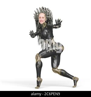 Super Cyborg lächelt und geht auf Zehenspitzen, 3d-Illustration Stockfoto