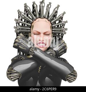 Super Cyborg ist wütend und das Gefühl bereit für Krieg Nahaufnahme, 3d-Illustration Stockfoto