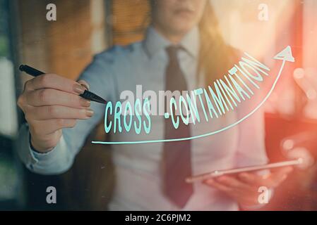 Textschild mit Kreuzkontamination. Geschäftsfoto mit unbeabsichtigter Übertragung von Bakterien von einer Substanz auf eine andere digitale Pfeilspitze Stockfoto