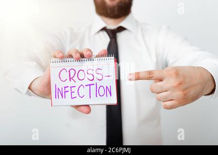 Schreibnotiz mit Kreuzinfektion. Geschäftskonzept für KrankheitenVerwendung von Mikroorganismen übertragen zwischen verschiedenen Arten Modell anzeigen differe Stockfoto
