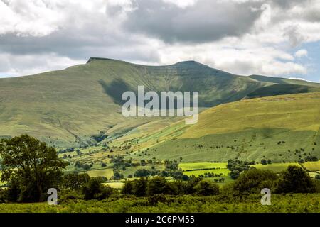 Pen y Fan und Cribyn aus Mynydd Illtyd im Brecon Beacons National Park in Südwales an einem sonnigen und bewölkten Sommertag im Juli. Stockfoto