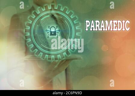 Textzeichen mit Paramedic. Business Foto Text ein Gesundheitsarbeiter mit einem Know-how in der medizinischen Notarbeit Grafik Vorhängeschloss für Web-Daten informati Stockfoto