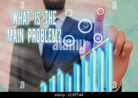 Textzeichen, das die Hauptproblematik anzeigt. Business Foto Text Identifizieren Sie die Ursache von Problemen Reparatur Arbeit Pfeil Symbol geht nach oben Bezeichnung Stockfoto