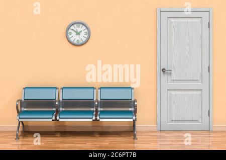 Bank oder Stühle im Warteraum in Türnähe, 3D-Rendering Stockfoto