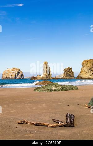 Vertikales Bild - Treibholz und Meeresstapel am Bandon Beach in Oregon Stockfoto