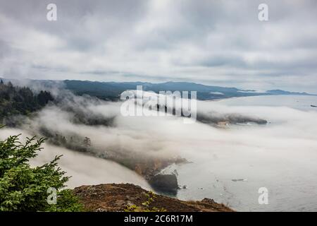 Blick vom Cape Foulweather Blick auf Nebel, der entlang der Küste von Oregon anlandet Stockfoto