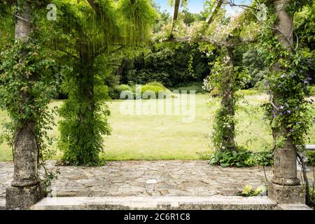 Blick durch die Edwardianische Pergola zu den Gärten und Bäumen im West Dean in West Sussex Stockfoto