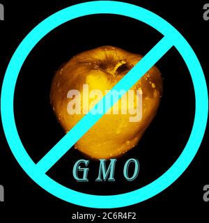 Stop GMO-Lebensmittel Zeichen über genetisch modifizierten Apfel auf schwarzem Hintergrund Stockfoto