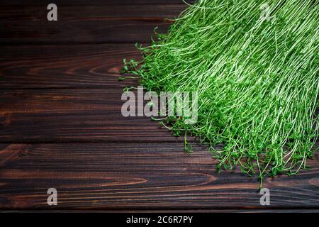 Kleeblatt Sprossen auf Holz Tisch Hintergrund. Gekeimt Gemüsesamen für rohe Ernährung Lebensmittel, Micro Green gesunde Ernährung Konzept Stockfoto