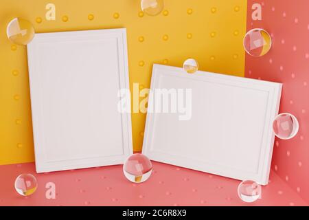 Zwei Rahmen stilvolle Mock Up Poster Vorlage auf Eckzimmer. Glasblasen Fresh und Minimal 3D Rendering. Gelber und rosa Hintergrund Stockfoto