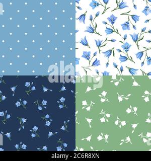 Set aus vier Vektor-Blumenmustern mit blauen glockenblumen (campanula). Stock Vektor