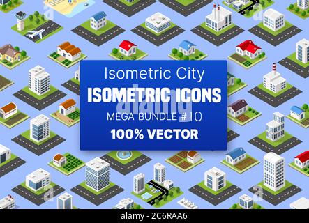 Isometrisches Set Gebäude beherbergt Symbole von Blöcken Modul Stock Vektor