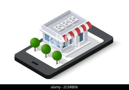 Online-Shop von isometrischen Stadt Handy Stock Vektor