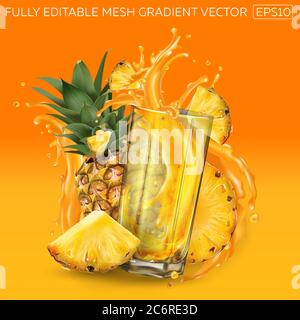 Ananas und ein Glas Saft auf orangefarbenem Hintergrund. Stock Vektor