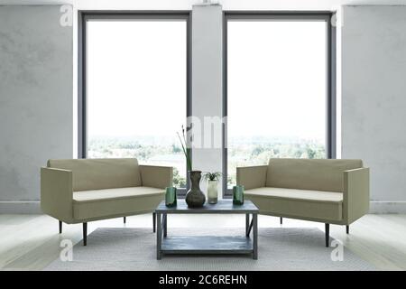 White Contemporary Studio Apartment Interior, minimalistisches modernes Zimmer, elegante gelbe Sessel, Holztisch in der Nähe der schmutzigen Wand. Stockfoto