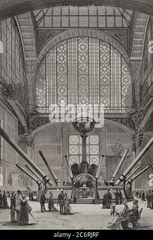 Historia de Francia. Siglo XIX. Exposición Universal de París 1878. Industria metalúrgica. Interior del Pabellón de los Cobres en el Campo de Marte. Grabado. La Ilustración Española y Americana,1878. Stockfoto