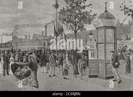 Historia de Francia. Siglo XIX. Exposición Universal de París 1878. Campo de Marte. Alrededores de la Puerta Rapp. Dibujo del Natural Por Pellicer. Grabado por Rico. La Ilustración Española y Americana,1878. Stockfoto