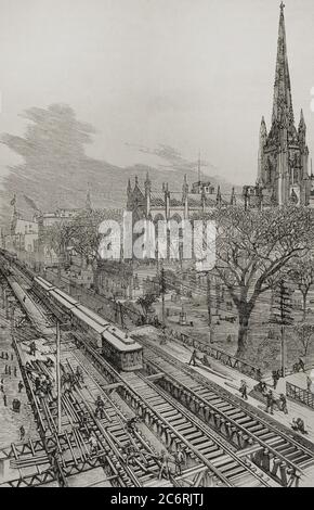 Historia de los Estados Unidos. Siglo XIX. Nueva York. Perspectiva del nuevo ferrocarril elevado, sistema Gilbert, tomada desde la New Church Street. Grabado. La Ilustración Española y Americana,1878. Stockfoto