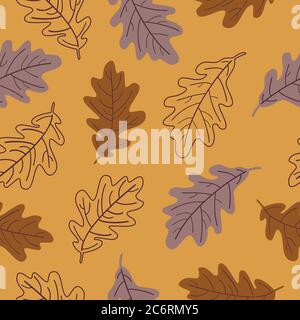 Vektor nahtlose Muster aus Eichenblättern. Eichenblatt nahtloses Muster auf einem orangen Hintergrund. Stock Vektor