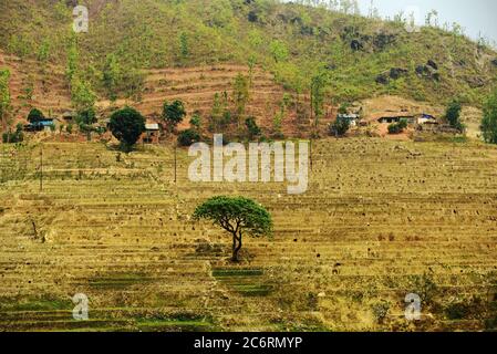 Trockene landwirtschaftliche Felder Nepals, von einer Straße aus gesehen, die die Provinzen Gandaki Pradesh und Bagmati Pradesh verbindet. Stockfoto