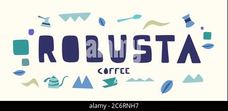 Vektor-Logo für Kaffee, Schrift für Titel gemischten Kaffee, Haufen von dunkel gerösteten, grünen rohen und hellen mittleren Kaffeebohnen Stockfoto