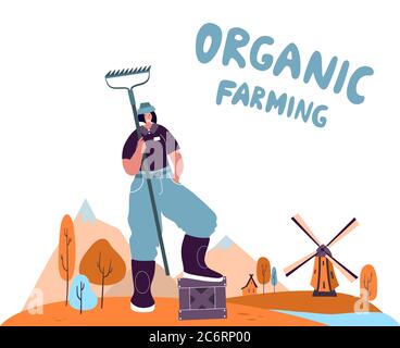 Ökologischer Landbau. Landwirtschaftliche Arbeiter Pflanzen und sammeln Getreide, Arbeiten an Traktor, Landwirt, Bauernhaus. Flache Cartoon-Vektor-Illustration. Lokale Gruppen Stock Vektor