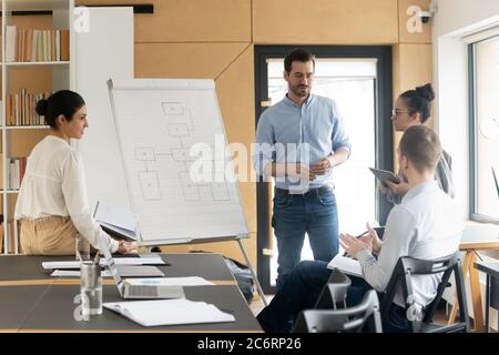 Kaukasischer männlicher Coach machen Whiteboard-Präsentation für verschiedene Mitarbeiter Stockfoto