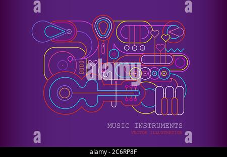 Neon-Farben auf einem Gradienten violetten Hintergrund Musik Instrument Line Art Silhouetten Vektor Illustration. Skizzieren Sie Bilder von Gitarre, Saxophon, Klavier Keyb Stock Vektor