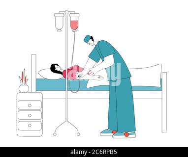 Weibchen liegt auf dem Bett mit Dropper während der Behandlung in der Klinik isoliert auf weiß. Stock Vektor