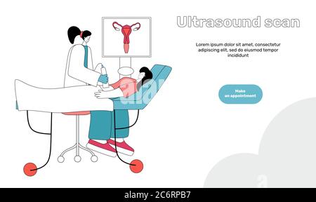 Medizinische Tests Ultraschall moderne flache Vektor-Konzept digitale Illustration von Ultraschall Verfahren -Arzt Untersuchung Patient schwangere Frau Scanner, Stock Vektor