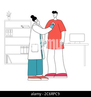 Pneumologie Gesundheitswesen. Ärzte Überprüfen Menschliche Tuberkulose-Lungen. Cartoon Flache Vektor Illustration, Linie Art Stock Vektor
