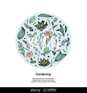 Eine Vorlage mit dem Platz für Text und runde Illustration mit handgezeichneten Kritzeleien von Blumen und Pflanzen. Farbabbildungen Stock Vektor
