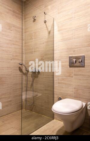 Moderne Hotel oder Haus WC Schüssel und Dusche Innenansicht Stockfoto