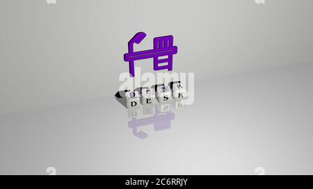 3D-Darstellung des SCHREIBTISCHES mit Symbol an der Wand und Text angeordnet durch metallische kubische Buchstaben auf einem Spiegelboden für Konzept Bedeutung und Diashow-Präsentation. Business und Hintergrund Stockfoto