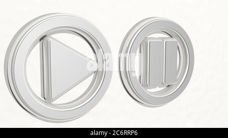 SPIEL- UND PAUSENSCHILDER aus einer Perspektive an der Wand. Eine dicke Skulptur aus metallischen Materialien von 3D-Rendering. Illustration und Hintergrund Stockfoto