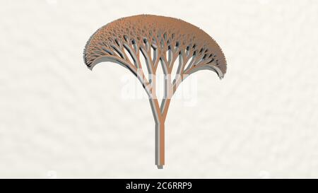 GEOMETRISCHER BAUM, der durch 3D-Illustration einer glänzenden Metallskulptur an einer Wand mit hellem Hintergrund hergestellt wird. Abstrakt und Muster Stockfoto