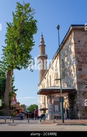 Bursa / Türkei - Juni 24 2020: Blick auf die Ulu Cami Moschee. Bursa, Türkei Stockfoto