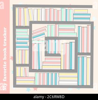 Tracker wird gelesen. Literatur und Bibliothek. Regal mit Büchern. HABIT TRACKER. vektorgrafik. Stock Vektor
