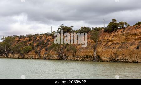 Die roten Flussufer des Murray River bei Maize Island Lagoon in Waikerie South Australia am 23. Juni 2020 Stockfoto