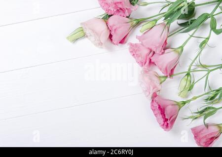 Frische rosa eustoma Blumen auf weißem Holz Hintergrund Stockfoto