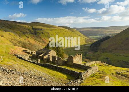 Crackpot Hall (alte Bauernhöfe) hoch auf abgelegenen sonnigen Hügel mit Blick auf die landschaftlich reizvolle Landschaft Yorkshire Dales Hills & Valley (Swaledale) - England, Großbritannien. Stockfoto