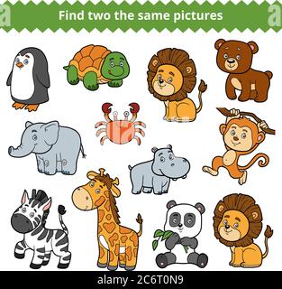 Finden Sie zwei die gleichen Bilder, Bildung Spiel für Kinder, Vektor-Set von Zootieren Stock Vektor