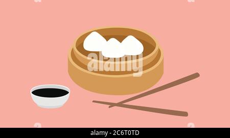 Vektor isoliert Illustration von Dim Sum, mit Essstäbchen und Sauce Stock Vektor