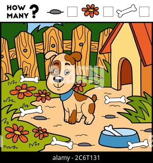 Zählspiel für Vorschulkinder. Pädagogisch ein mathematisches Spiel. Zählen Sie, wie viele Elemente und schreiben Sie das Ergebnis! Hund und Hintergrund Stock Vektor