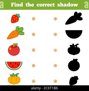Finden Sie die richtige Schatten, Bildung Spiel für Kinder. Set von Cartoon Obst und Gemüse Stock Vektor