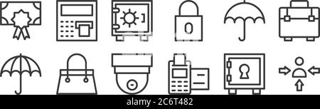 12 Satz von linearen Banking und Finanzen flache Symbole. Dünne Umrisssymbole wie Manager, POS-Terminal, Handtasche, Regenschirm, Tresor, geldautomat für Web Stock Vektor