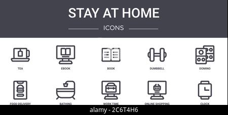 Bleiben Sie zu Hause Konzept Linie Symbole Set. Enthält Symbole für Web, Logo, ui/ux wie ebook, Hantel, Lebensmittel-Lieferung, Arbeitszeit, Online-Shopping, cl Stock Vektor