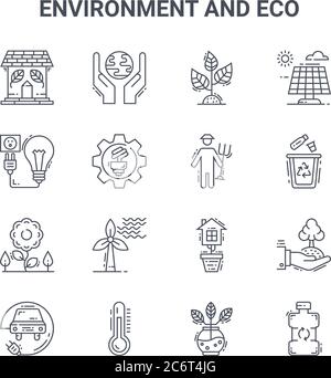 Satz von 16 Umwelt- und Eco Concept-Vektorlinien-Symbolen. 64x64 dünne Schlaganfall Symbole wie Ökologie, Laden, Recycling, Öko-Haus, Thermometer, recyclabl Stock Vektor