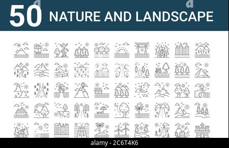 Set von 50 Natur-und Landschaftsbilder. Skizzieren dünne Linie Symbole wie Burg, Hütte, Kreuzfahrtschiff, Wüste, Landschaft, Sonnenbank, Bäume Stock Vektor